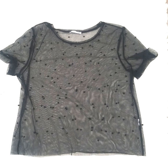Zara Sheer Short Sleeves Top, black pearls. L - Picture 5 of 9